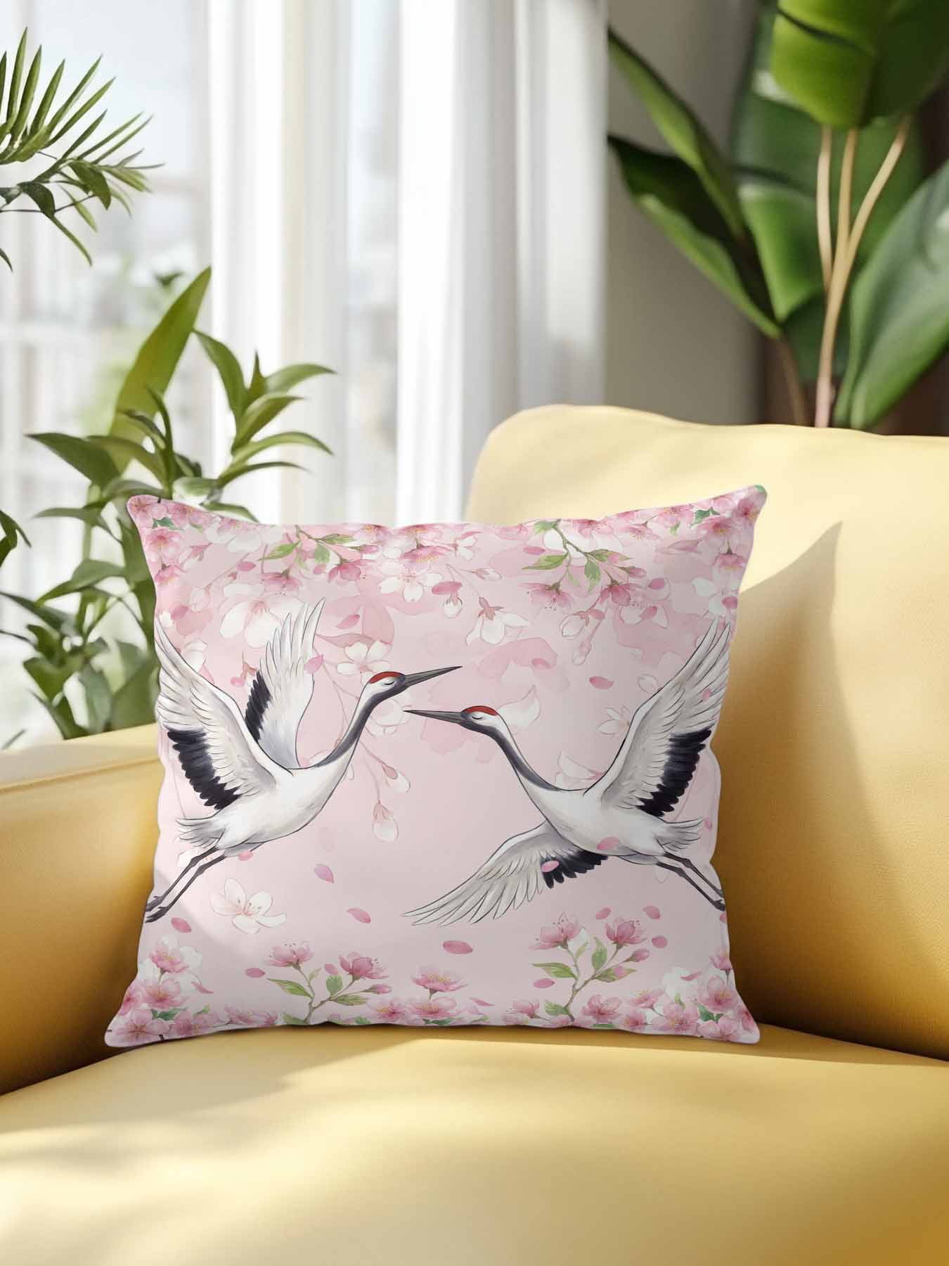 1 Pack Outdoor Pillows Waterproof, Cherry Blossom Crane Indoor/Outdoor Throw Pillows with Inserts, Pink Spring Modern Farmhouse Floral Decorative Pillow for Patio Furniture Chairs Couch