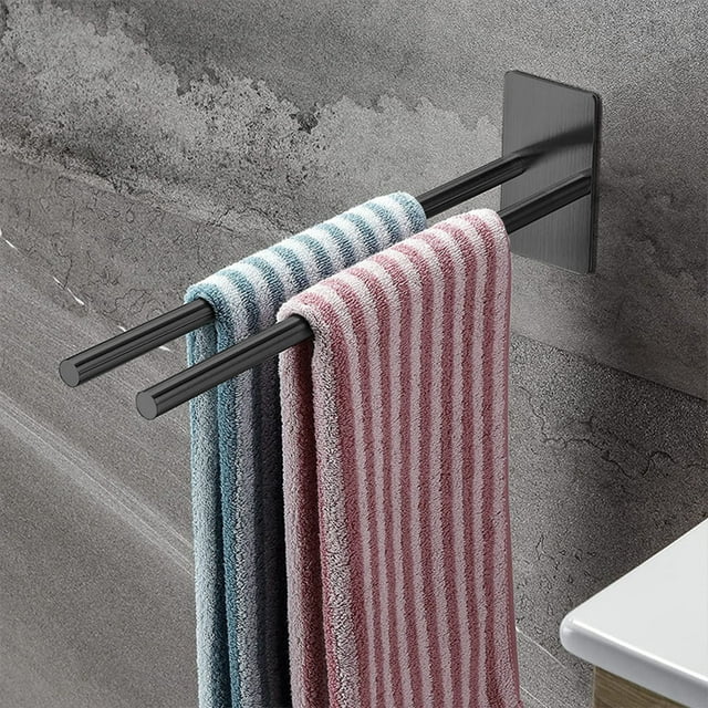 Stainless Steel Double Arm Towel Bar 15.7 Inch Wall Mounted Towel Rack for Bathroom Kitchen - Adhesive or Screw Installation 40cm Length Holds 12kg Akmoler | Stainless Steel, Black