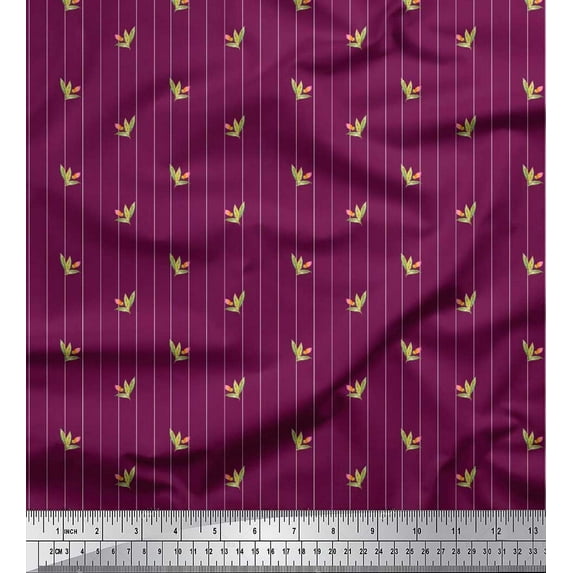 Soimoi Modal Satin Fabric Leaves,Flower Bud & Stripe Printed Fabric 1 Yard 42 Inch Wide