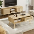 thumbnail image 3 of Coffee Table with Storage, Boho Dining Table with Rattan Drawer and Solid Wood Legs, Small Coffee Tables for Living Room, Oak, 3 of 7
