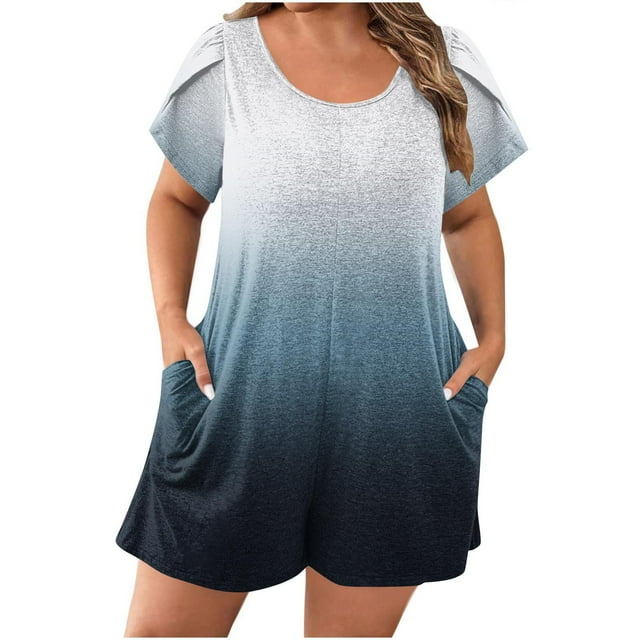 Économies d'Été! SROBPTY Combinaisons pour Femmes, Mode Col Rond Court Grande Taille Manches Bouffantes Poches Imprimées Combinaison Décontractée Tendance Marine, L