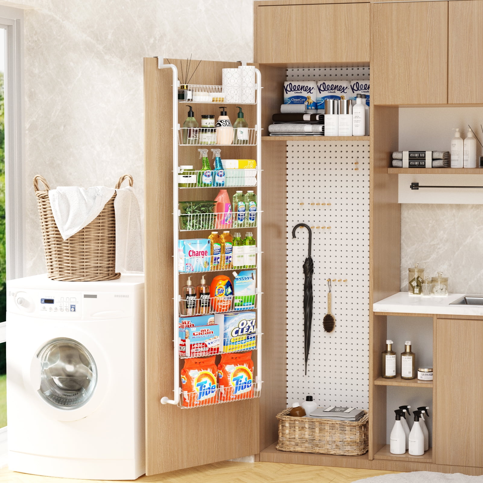 Yeabett 8-Tier Over the Door Pantry Organizer, Larger Baskets Metal Pantry Organization and Storage, Door Back Hanging Space Saver for Kitchen, Laundry, Bathroom, White