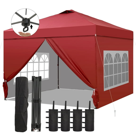 Ainfox 10x10 Pop up Canopy Tent with One Push Setup and Sidewalls,Instant Outdoor Shade Gazebos with Weighted Sandbags,Red