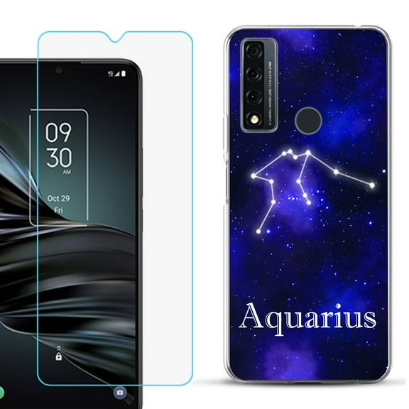 Slim-Fit Fashion Phone Case for TCL 20 XE, with Tempered Glass Screen Protector, by OneToughShield ® - Zodiac / Aquarius