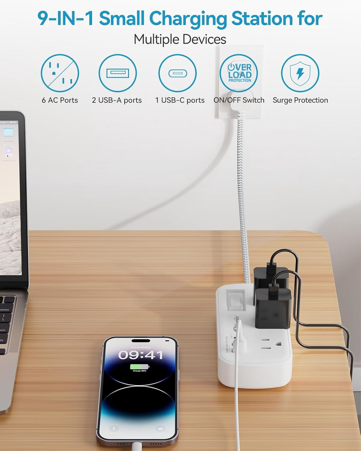 RGHJAR-Short Extension Cord 3 Ft - Small Power Strip Flat Plug Surge Protetor with 6 Outlets & 3 USB (1 USB C) Charging Ports, Multi Plug Wall Outlet Extender for Travel Dorm Room Essentials