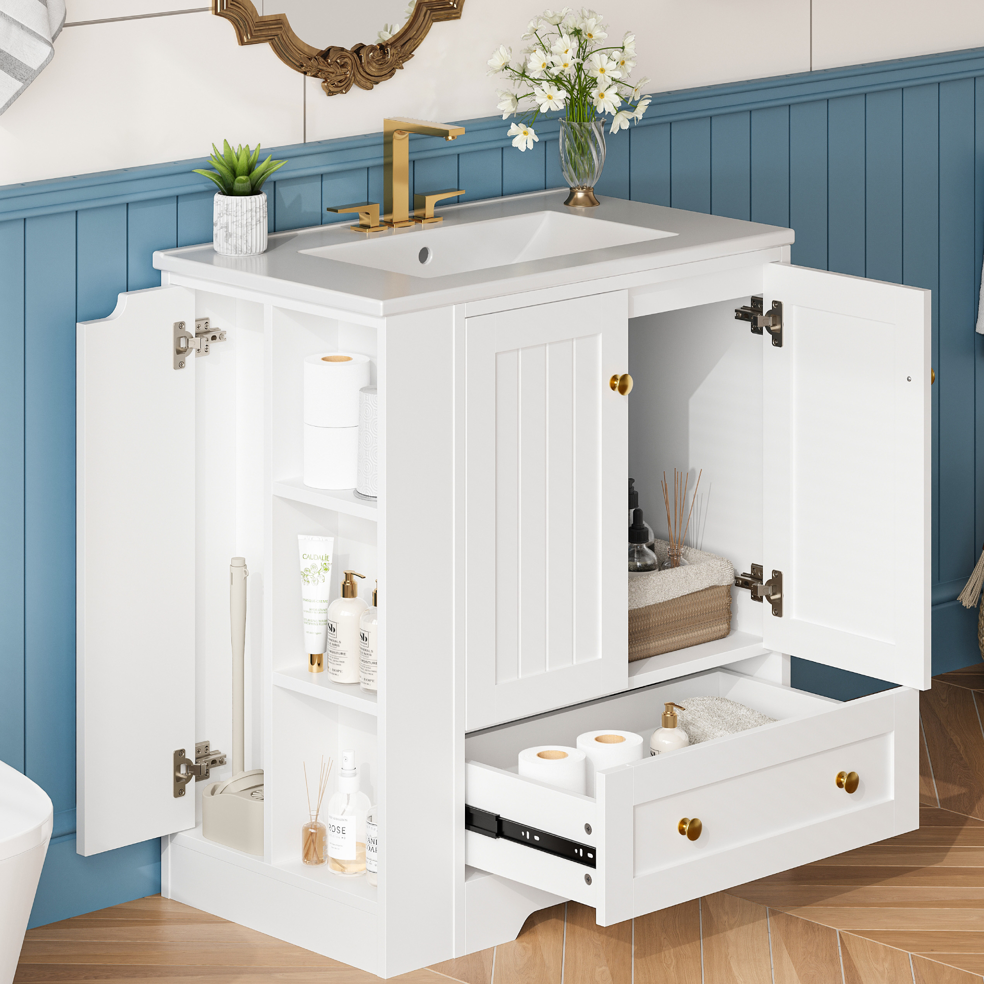 IRONCK 30" Bathroom Vanity with Ceramic Sink, Freestanding Bathroom Cabinet with Drawers, Doors and Side Storage, White