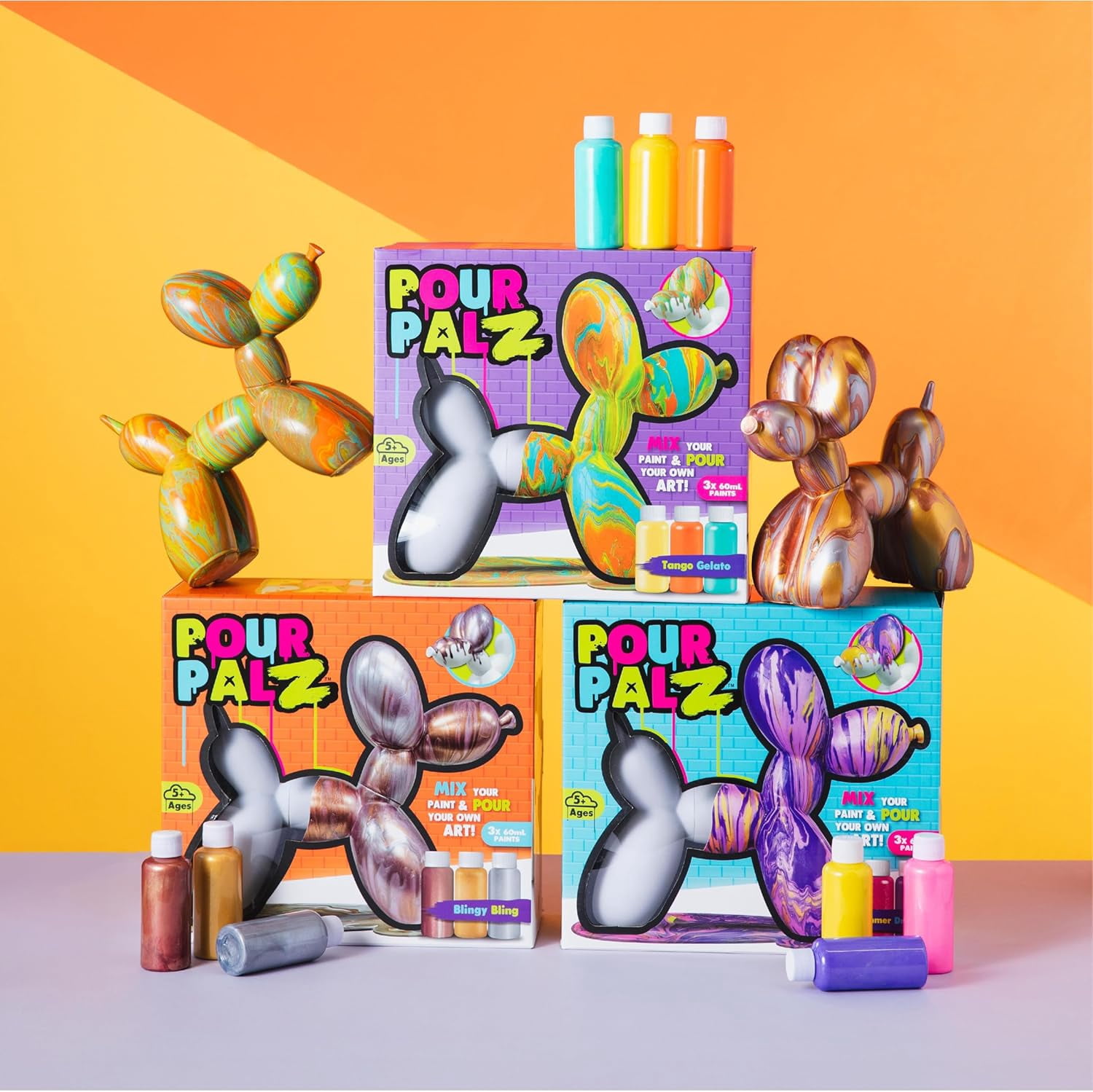 Pour Palz DIY Paint Pouring Kit – 1 XL Balloon Dog, 4 Acrylic Pour Paints, Mixing Cups & Tools, Create Unique Marbled Art, Fun Hands-On Craft Kit for Kids & Adults, Ocean Blue, Ages 5+
