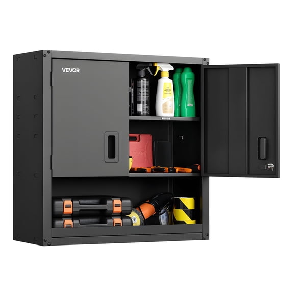 VEVOR Metal Wall Cabinet, 30W x 12.01D x 30H Inch, Steel Floating Hanging Storage Cabinet with Locking Doors and Adjustable Shelf for Garage, Basement, Kitchen, Warehouse Assembly Required, Black