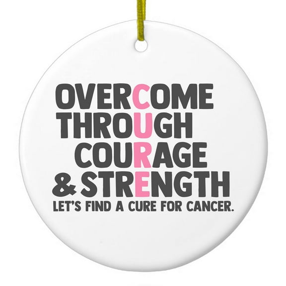 DistinctInk Hanging Ceramic Christmass Tree Ornament with Gold String - Great Gift / Present - 2 3/4 inch diameter - Pink Ribbon Cancer - Cure Word Art