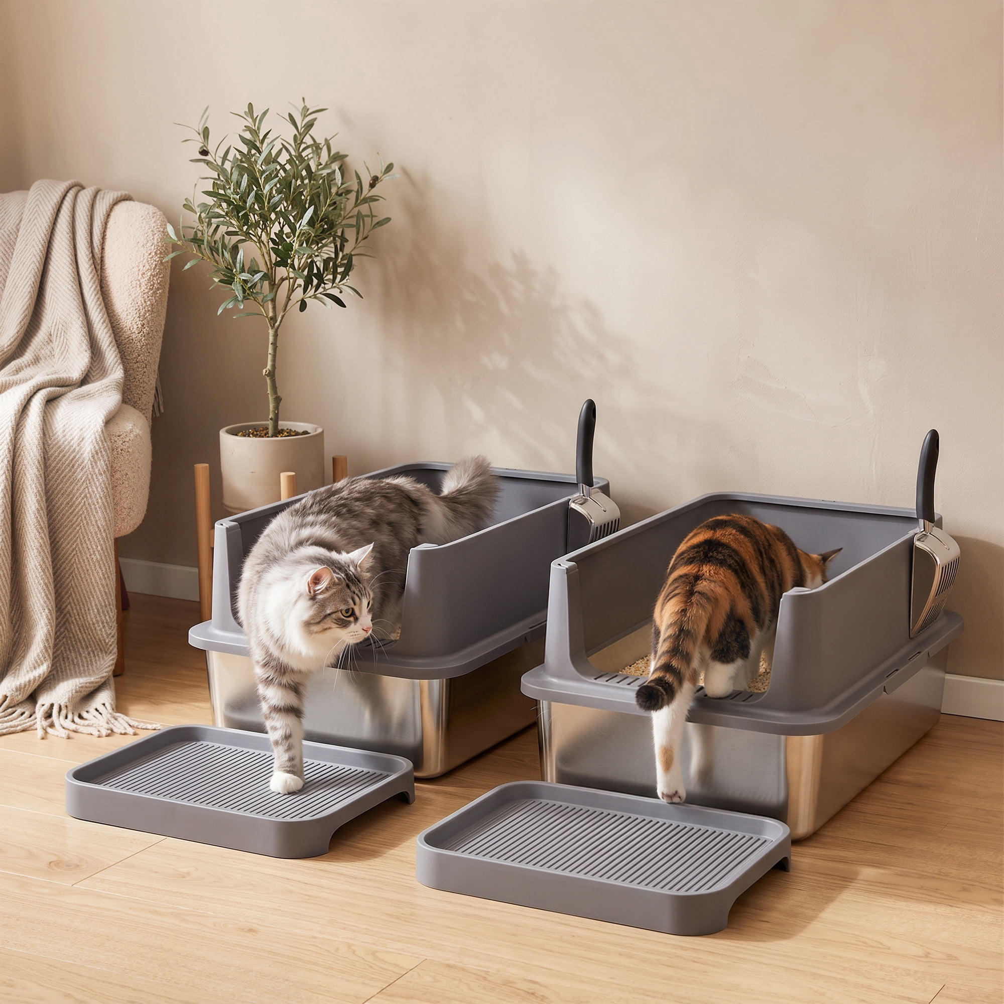 PawHut 2 Pack XL Stainless Steel Litter Box, Metal Cat Litter Box High Sided with Tracking Step & Stainless Steel Scoops for Big and Multiple Cats