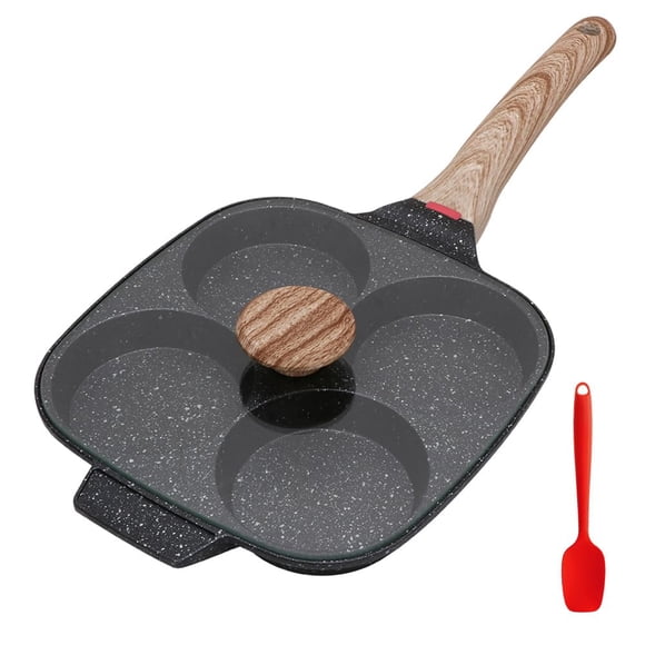 Sartén Tortitas, Sartén Huevos Poche de 4 Agujeros con Tapa Sartén Antiadherente de Aluminio para Desayuno Huevos Fritos Hamburguesas Panqueques, Para Estufas de Gas y