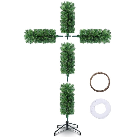 Leutsin 5FT Foldable Cross Christmas Tree - Pre-Lit Artificial Pine Christmas Cross Tree,Outdoor Staked Twinkling Evergreen Xmas Tree,Jesus Christ Catholic Cross Decor,Winter Home Yard Decor,Set A