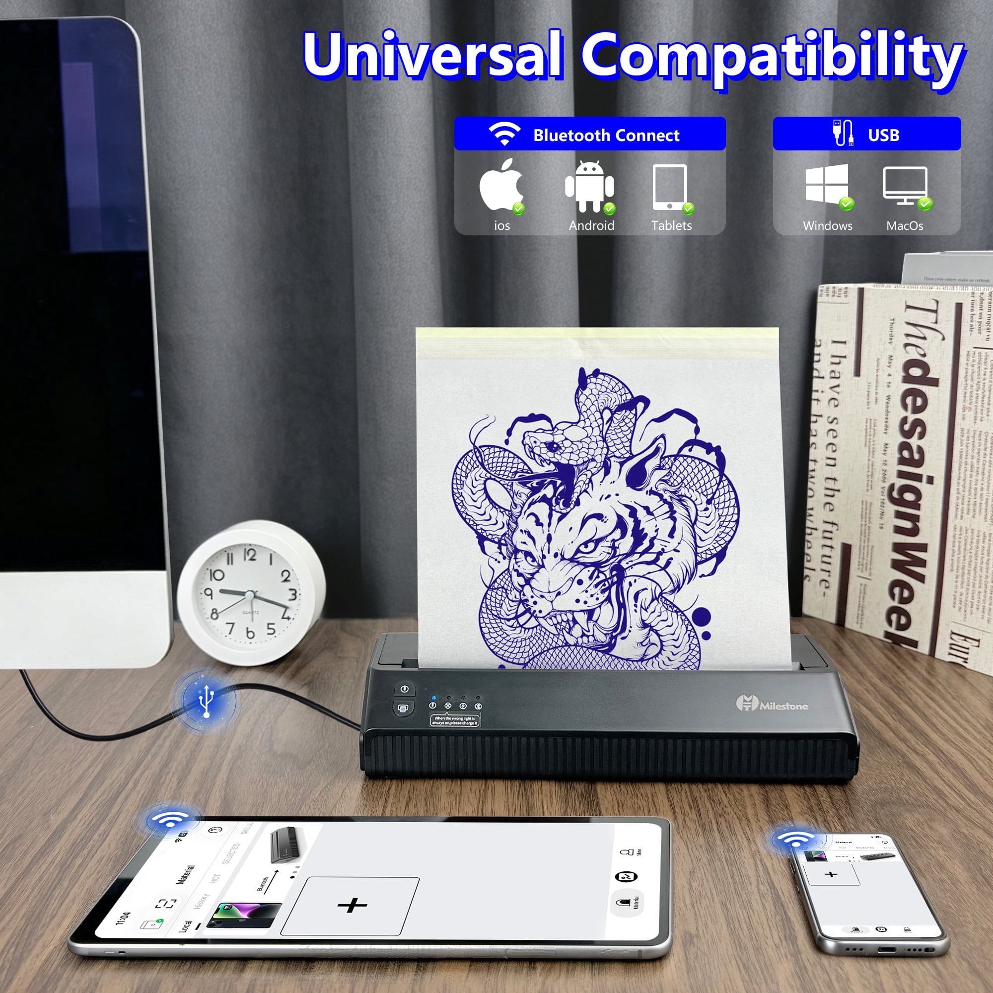 Milestone Wireless Bluetooth Tattoo Stencil Printer, 2500mAh Rechargeable Thermal Transfer Machine, Inkless Portable Tattoo Printer for Artists & Studio