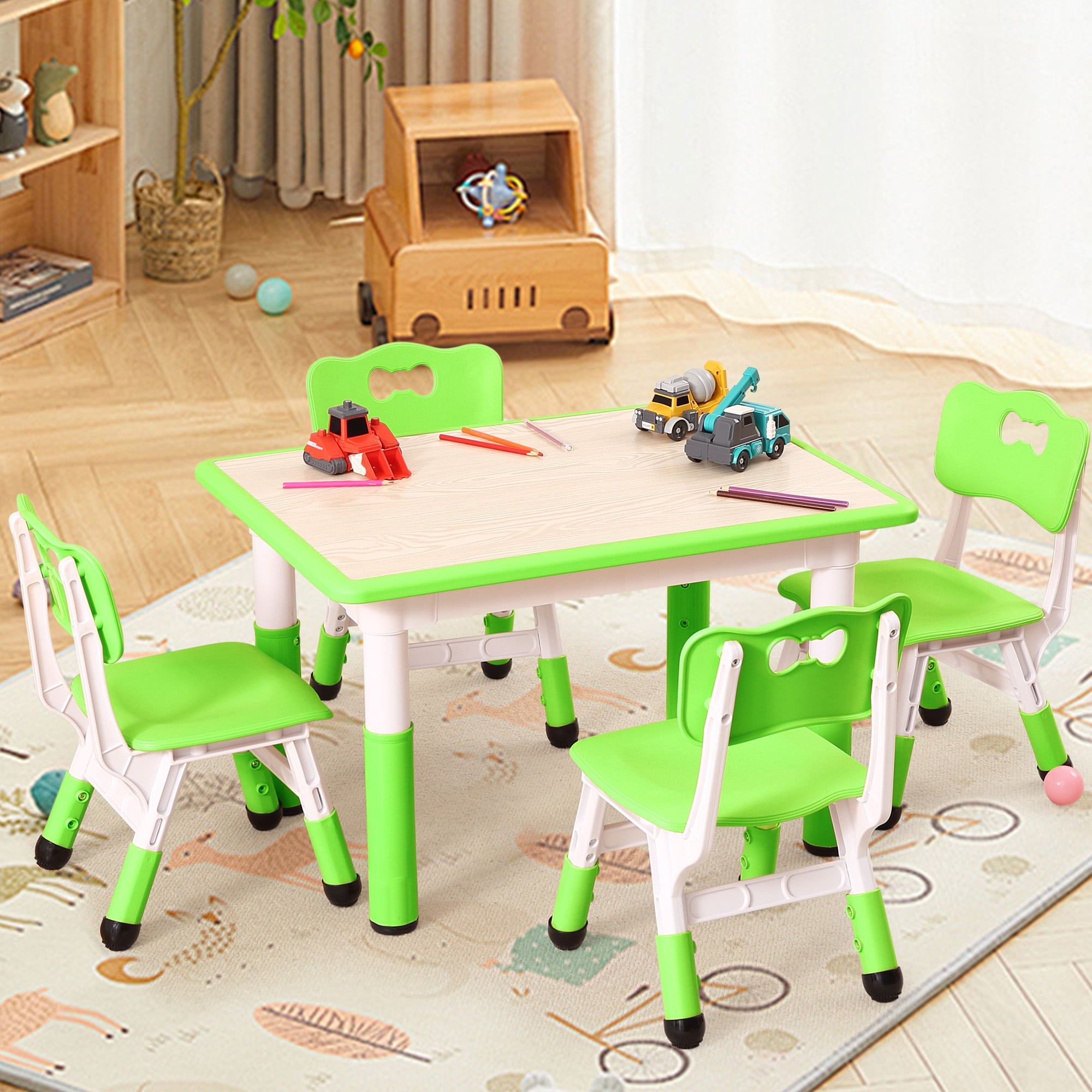 Kids Table and 4 Chair Set,Height Adjustable Toddler Arts & Crafts Table and Chair Set for Ages 2-10,Max 300lbs Kids Activity Art Table for Classroom Daycares,Home
