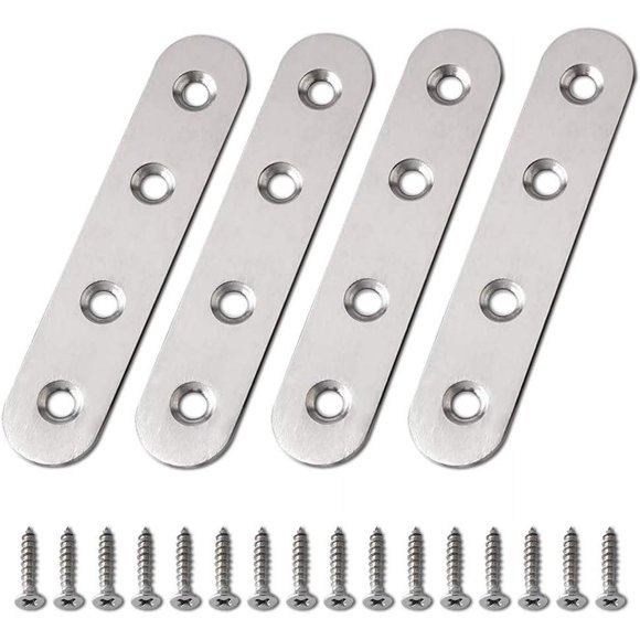 Qucyy Heavy Duty Metal Straight Bracket 96mm x 20mm Stainless Steel Flat Plate Repair Mending Joining Brackets for Wood with Screws, Pack of 4, Silver Silver
