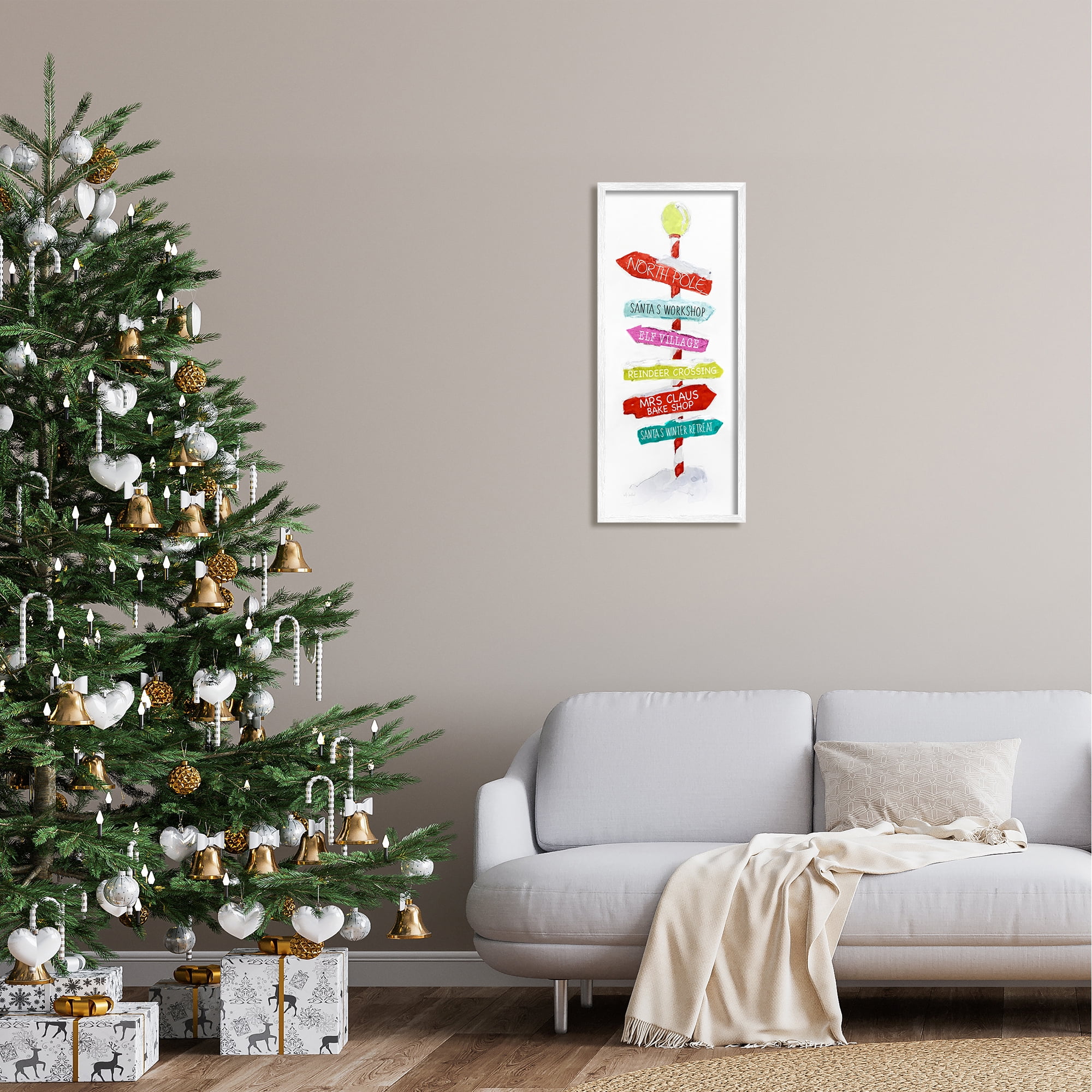 Stupell Industries Holiday Directional Sign Holiday Painting White Framed Art Print Wall Art, 13 x 30
