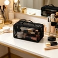 thumbnail image 3 of Bomd Mesh Travel Makeup Bag, Large Capacity Cosmetic Bag for Women, Double Layer Toiletry Organizer with Small Pocket, Clear Pouch for Skincare, Brushes, Toiletries & Travel (Black), 3 of 5