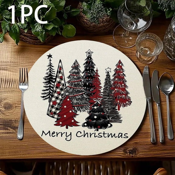 Uutvery Green Christmas Tree Placemats, Round Non-Slip Placemats with Heat Insulating for Restaurant Home Dining Christmas Party Decoration