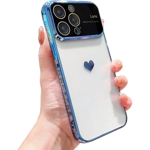 for iPhone 15 ProMax with Camera Lens Protector Luxury Electroplated iPhone 15 Pro Max Case for Women Soft TPU Shockproof Protective Slim Fit Cute Clear Heart Phone Case 6.7” (Blue)