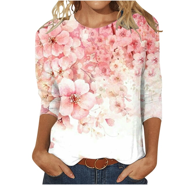 Meichang Haut à Manches 3/4 pour Femmes Style Décontracté Mode T-Shirt Floral Léger Doux Col Rond Chandail Chemises Ample Extensible T-Shirt de Vacances pour Femmes