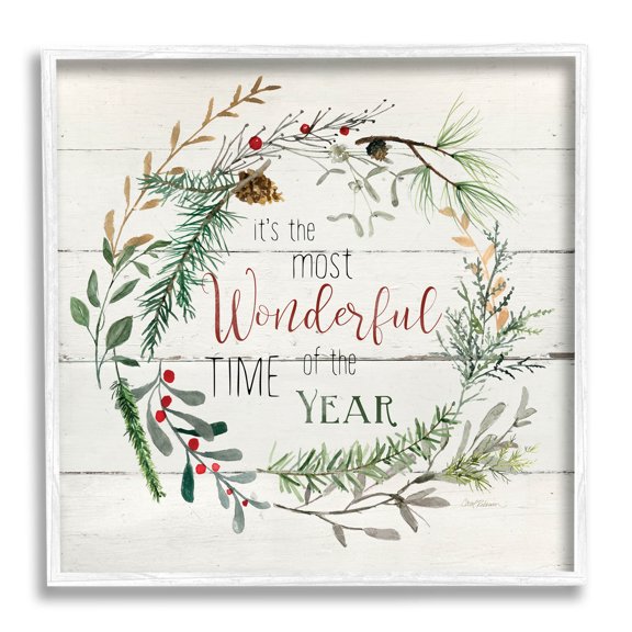 Stupell Industries Most Wonderful Time of Year Wreath Graphic Art White Framed Art Print Wall Art, Design by Carol Robinson