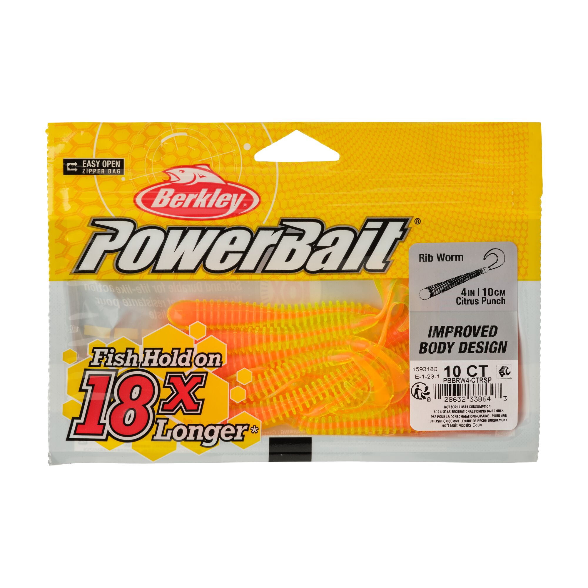 Berkley PowerBait® Rib Worm, 4 in, Worms, Citrus Punch (10 Count)