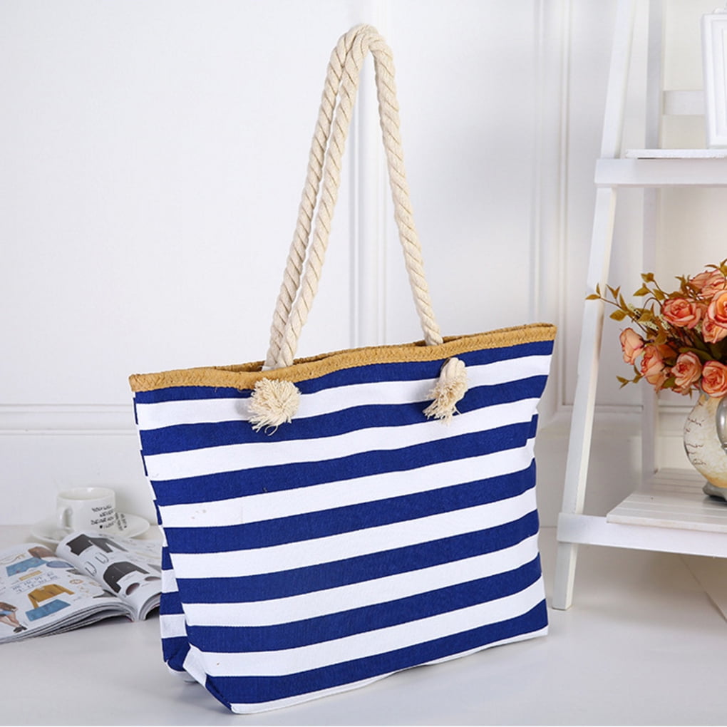 Navy and white striped beach bag on sale