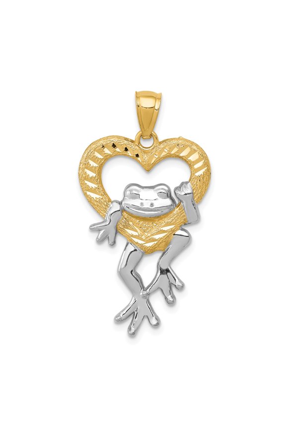 14k and Rhodium D/C Frog in Heart Pendant in 14k Yellow Gold w/ Rhodium Plating