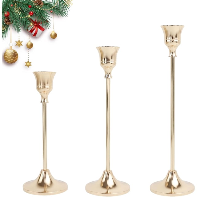 Juego de 3 Candeleros para Velas, Portavelas Decorativo de Metal Dorado para Cónicas, para Decoración del Hogar, Bodas, Cenas, Fiestas y Cocina (3, Oro)