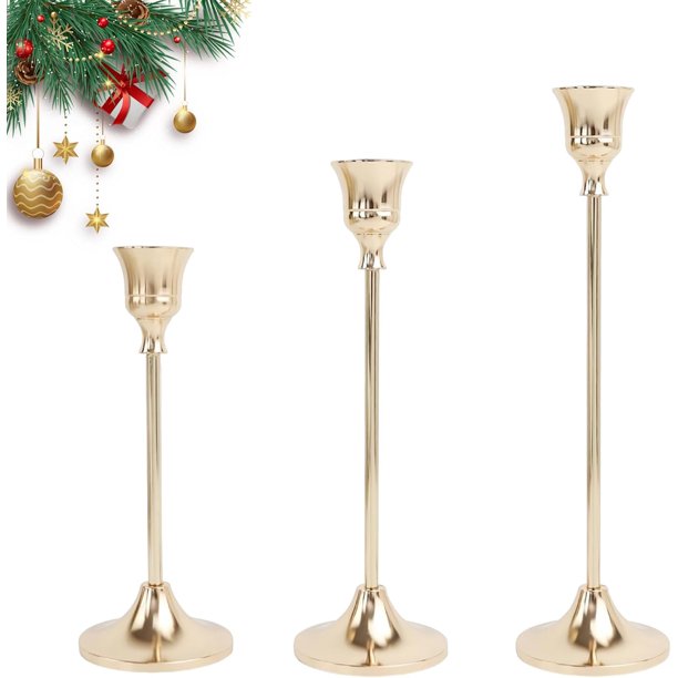 Juego de 3 Candeleros para Velas, Portavelas Decorativo de Metal Dorado para Cónicas, para Decoración del Hogar, Bodas, Cenas, Fiestas y Cocina (3, Oro)