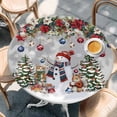 thumbnail image 2 of Grey Christmas Round Tablecloth, Fitted Table Cover with Elastic for 55"-60" Round Tables, Snowman Xmas Tree Poinsettia Balls Squirrel Table Cloth Outdoor Indoor Dinning Party Waterproof Tablecloths, 2 of 7