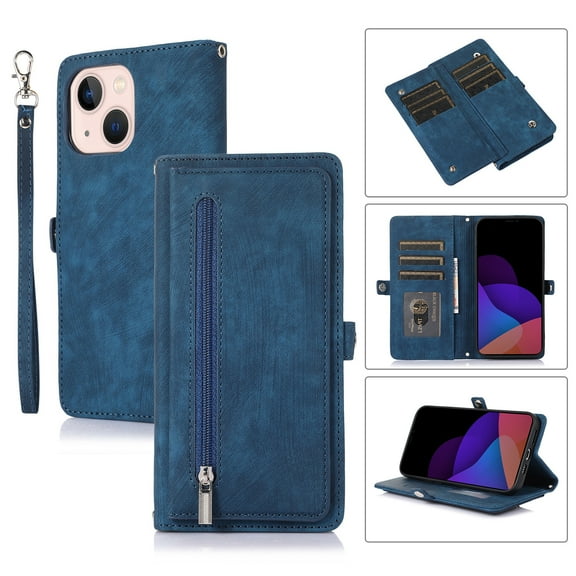 Nalacover Zipper Wallet Case for iPhone 14 Plus, Wrist Hand Strap Lanyard Crossbody Premium PU Leather + Soft TPU Magnetic Buckle Flip Cover with Card Slots Holder Kickstand Case, Blue
