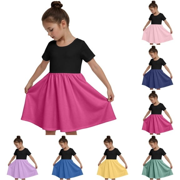 Girls Short Sleeve Dress Summer Kids Toddler Skater Twirl A Line Solid Color T-Shirt Dress for School Casual 3-12 Y Pleated Skater Twirl Dress with Pockets Cotton Cute Midi Casual Sundress Elegant