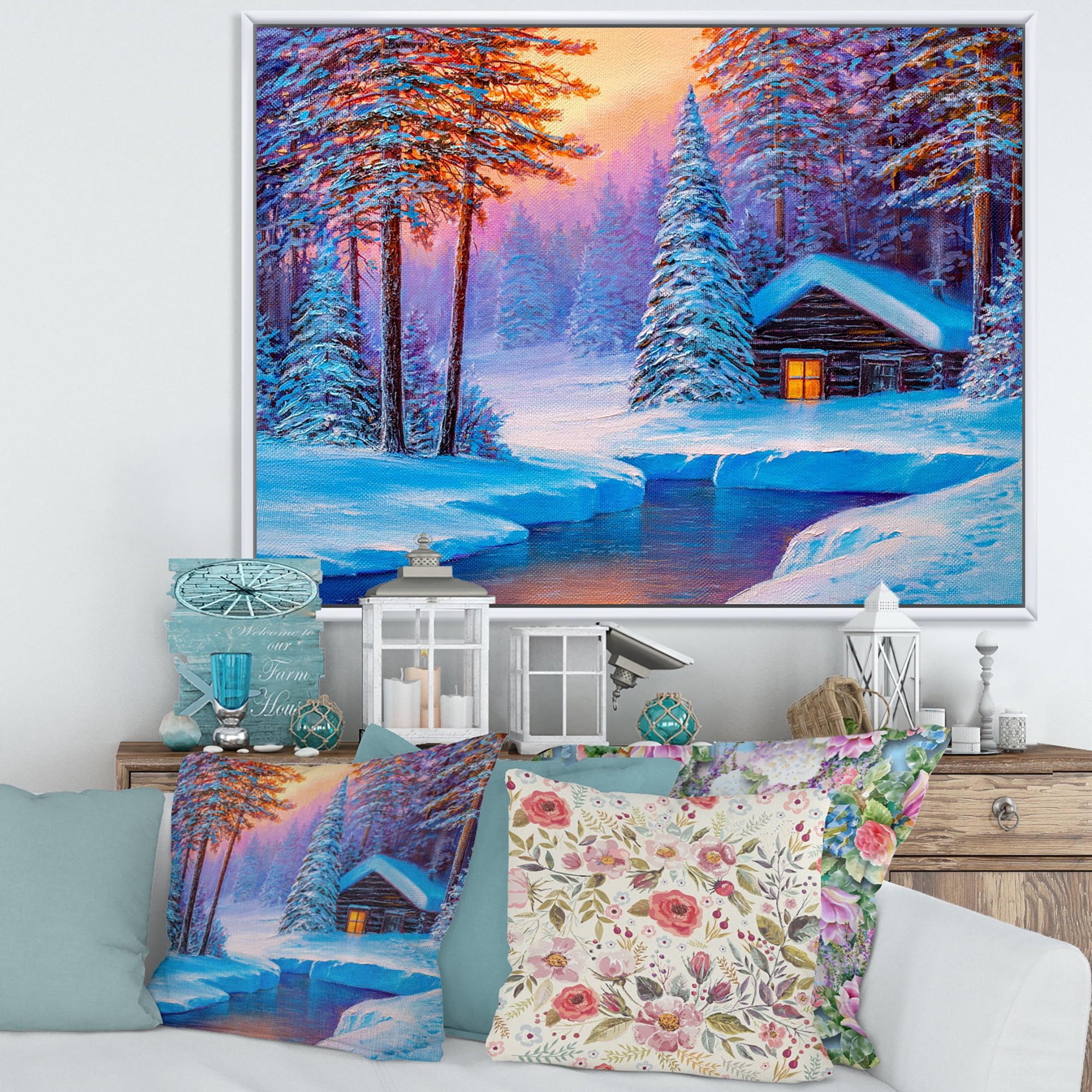 Designart 'Old Cabin In Winter Forest In Evening Glow I' Traditional Framed Canvas Wall Art Print