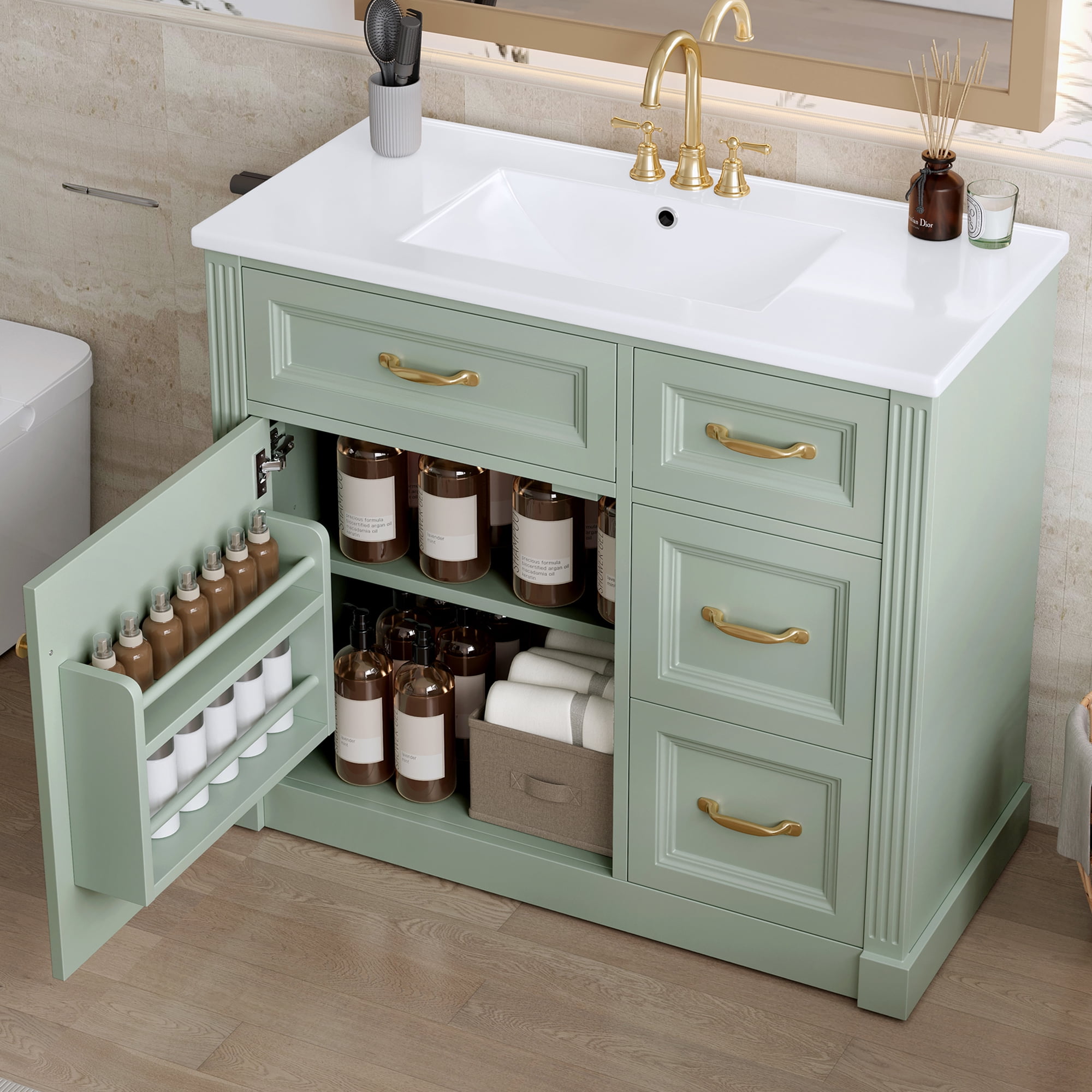 Euroco 36 Inch Bathroom Vanity with Sink, Cabinet with 4 Drawers, Soft-Close Door & Adjustable Shelf, Ceramic Basin, Modern Storage Vanity for Bathroom Organization, Green Finish