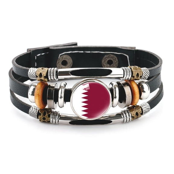Uijokdef Country Flag Leather Bracelet, Multi-Layer Black Cowhide Design, 7.87 Inches