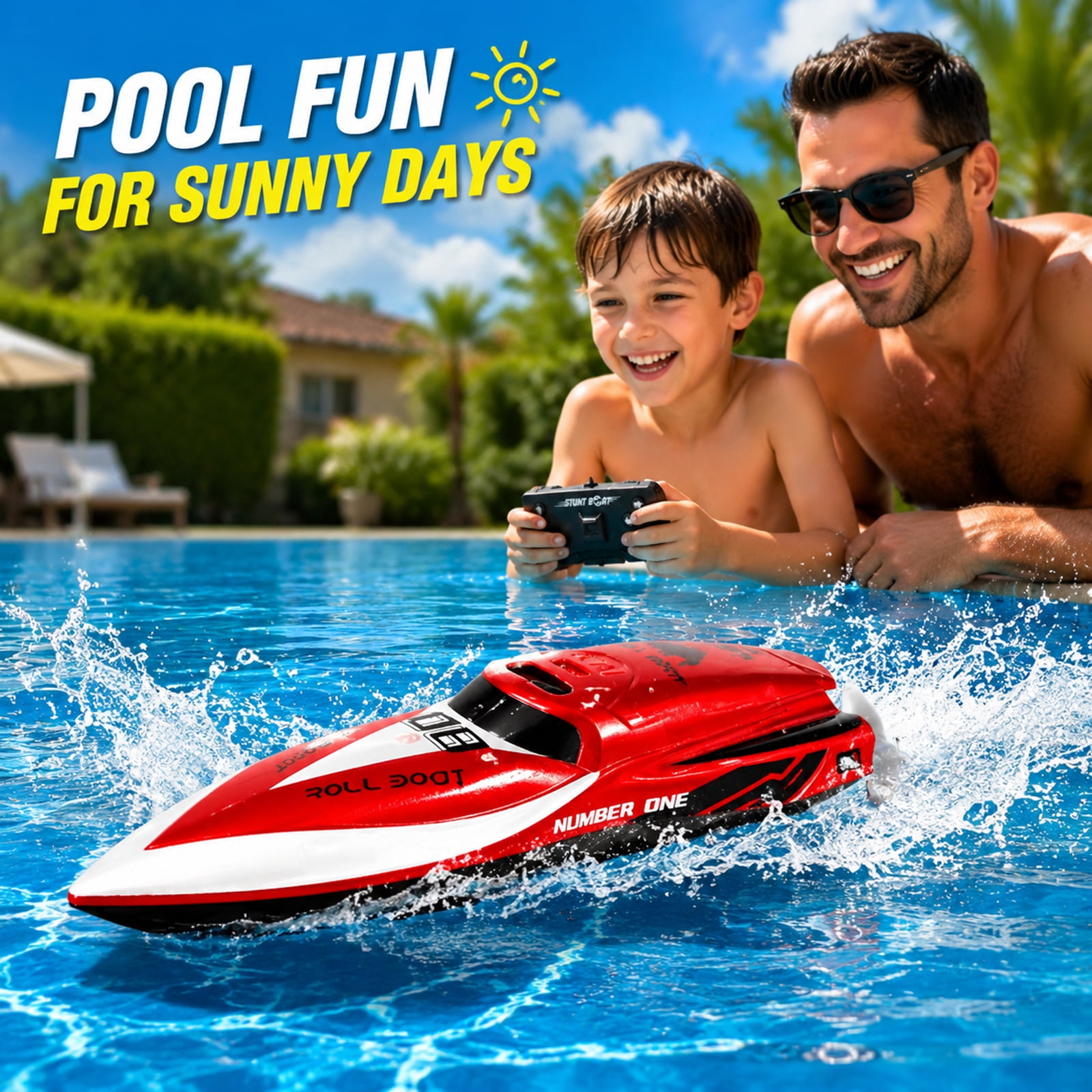 Funtogether toys Mini RC Boat 2.4Ghz Remote Control Watercraft with Rechargeable Battery, Red