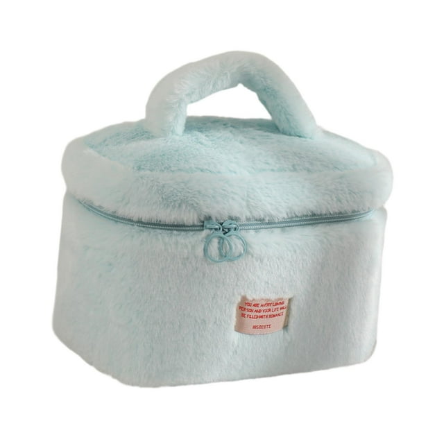 Bolsa de maquillaje de felpa, bonita bolsa de cosméticos de viaje para uso diario, dormitorio, viaje de negocios. Azul