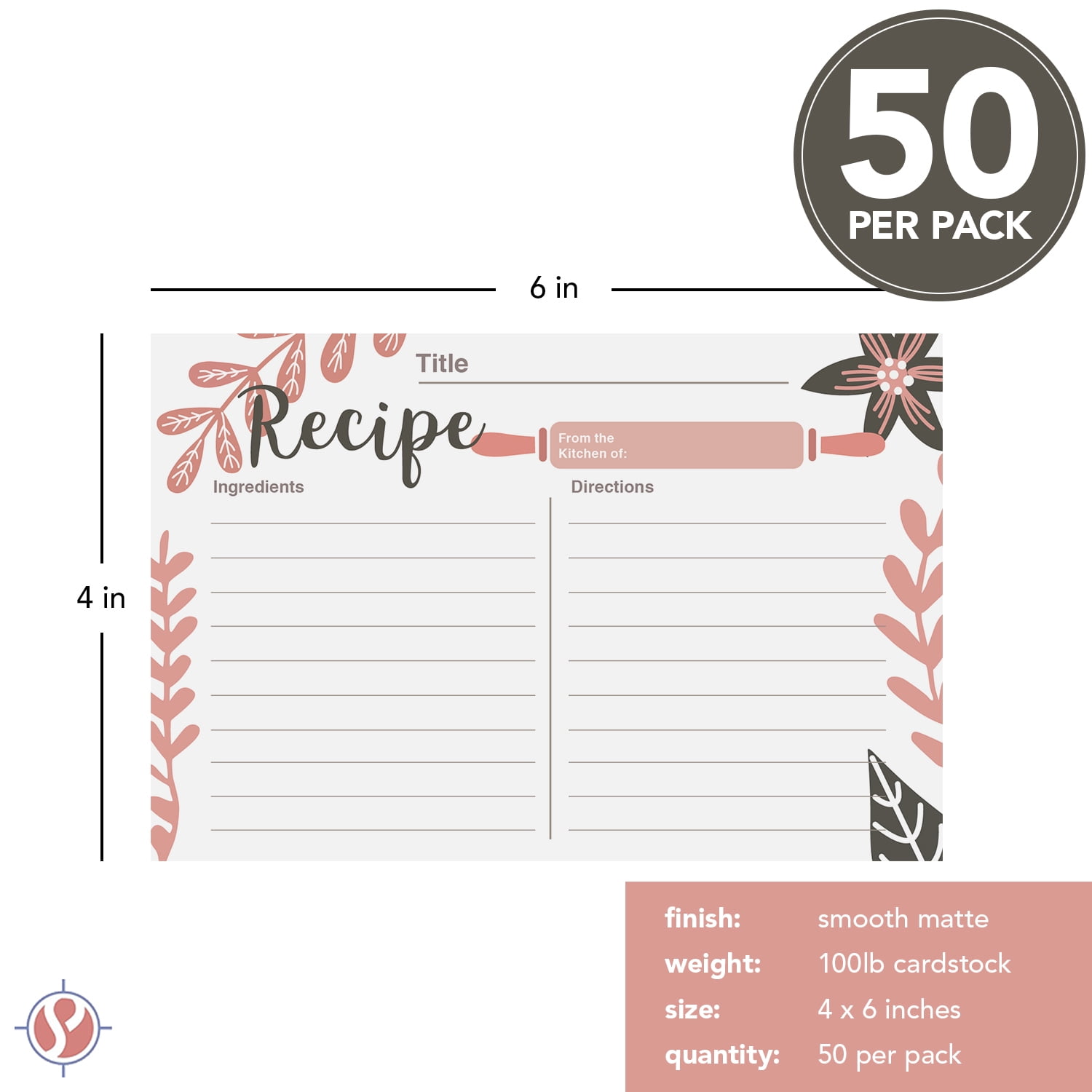 50 Blank Kitchen Recipe Cards, Pink Baker – Double Sided Print, Thick Sturdy 100lb Cardstock – Organize Your Cooking Weddings, Baby and Bridal Showers, Birthdays, Graduations, Mother's Day – 4" x 6"