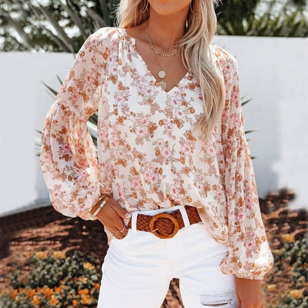 sebulube Women's Casual Boho Floral Print V Neck Long Sleeve Loose Blouses Shirts Tops