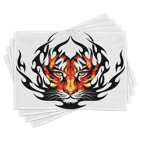 

Tattoo Placemats Set of 4 Jungle Prince Tigers Head in Black Flames Frame Looking with Cat Eyes Hunting Washable Fabric Place Mats for Dining Room Kitchen Table Decor Black and Orange by Ambesonne