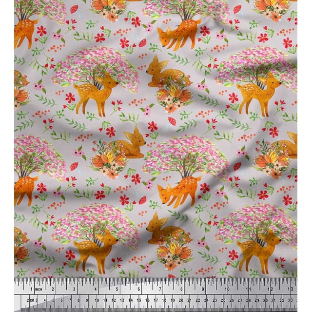 Soimoi Poly Georgette Fabric Tree,Floral & Deer Animal Print Fabric by The Yard 42 Inch Wide