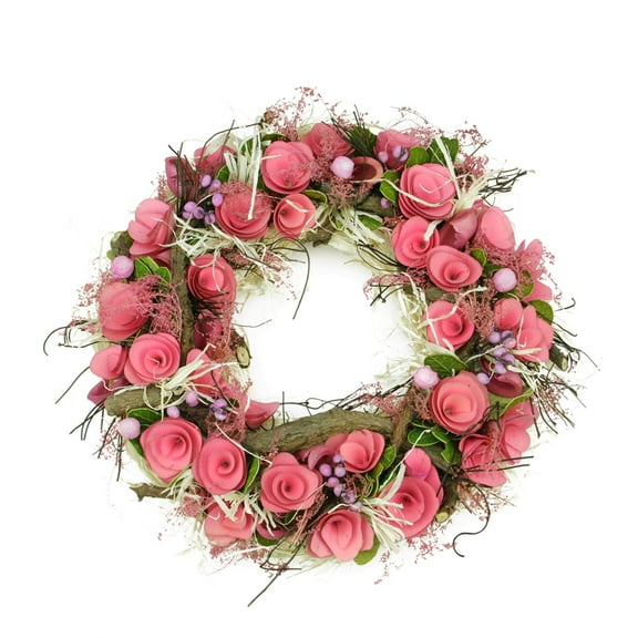 12.5" Pink Flowers and Berries Green Leaves and Twig Artificial Spring Floral Wreath