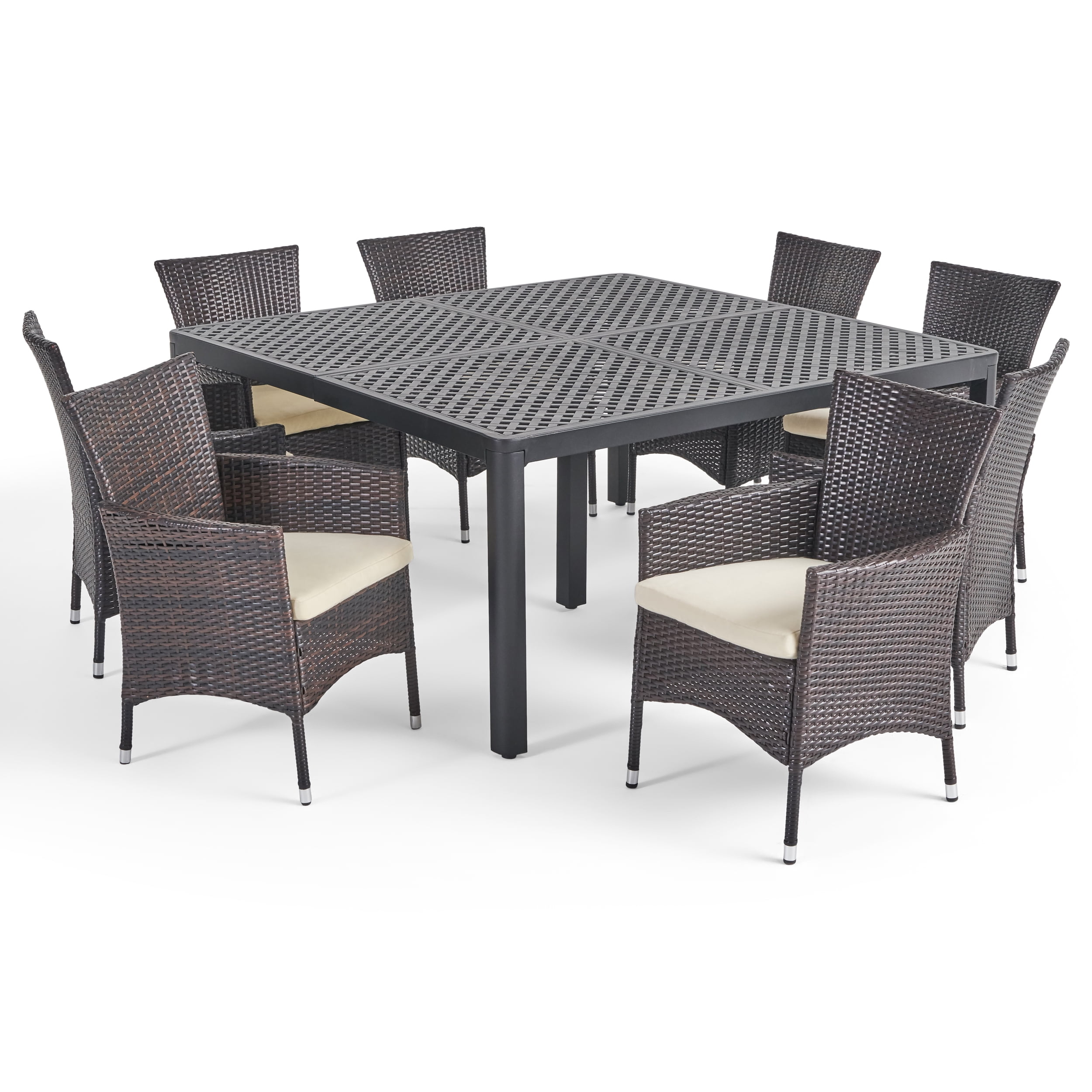 Outdoor 8 Seater Aluminum And Wicker Dining Set Matte Black Multibrown Com - Eight Chair Patio Set