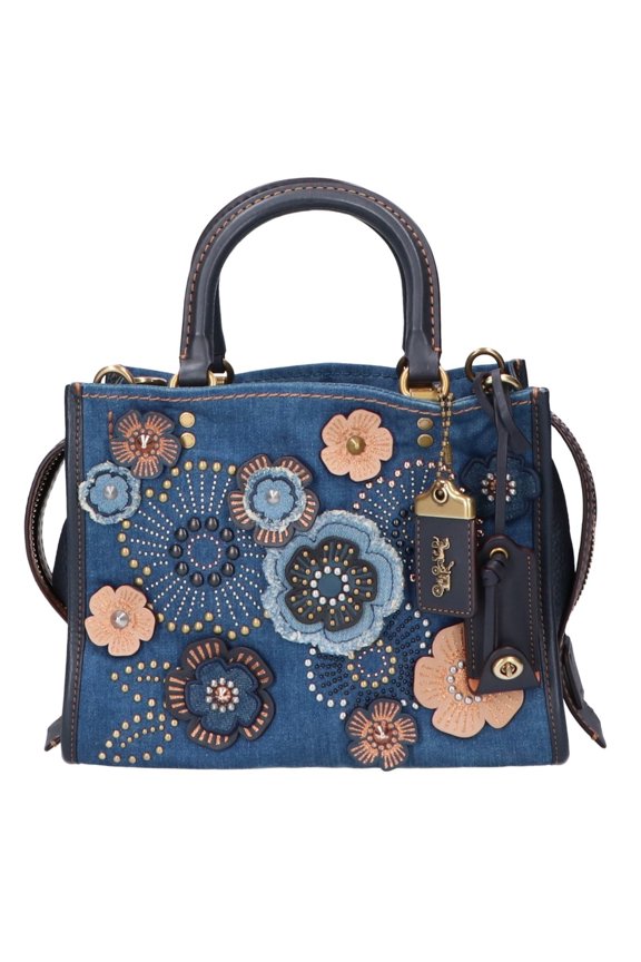Pre-Owned COACH Rogue 25 with Tea Rose Denim Rivets, 2-Way Handbag, Blue, Women's, M1780-28885