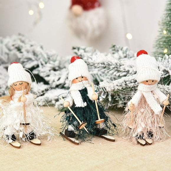 freestylehome Knitted Fabric Hanging Pendant Mini Small Wood Christmas Doll Lovely with Lanyard Bright Skin Friendly Xmas Tree Ornaments White/Girl