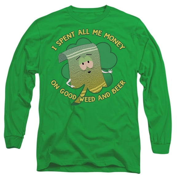 South Park St. Patrick's Day Towelie Spent Money Unisex Adult Long-Sleeve T Shirt (Medium) Kelly Green