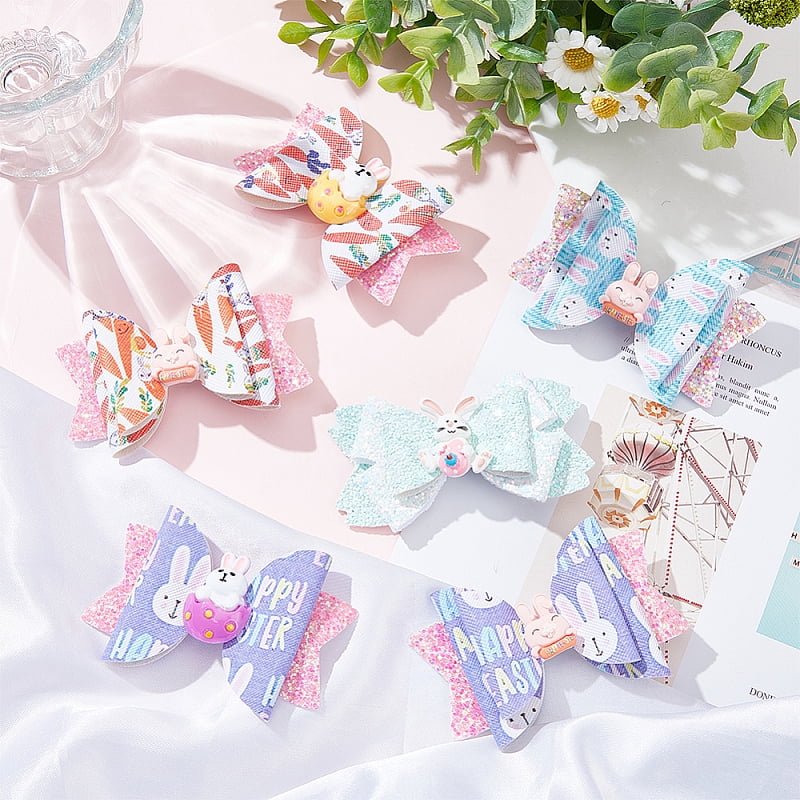 4 Sets 2 Style Baby Girl Hair Bowknot with Bunny Hair Clips Set Easter Hair Accessories for Girls 44.5~52x79~82x13~17mm 2 sets/style for DIY