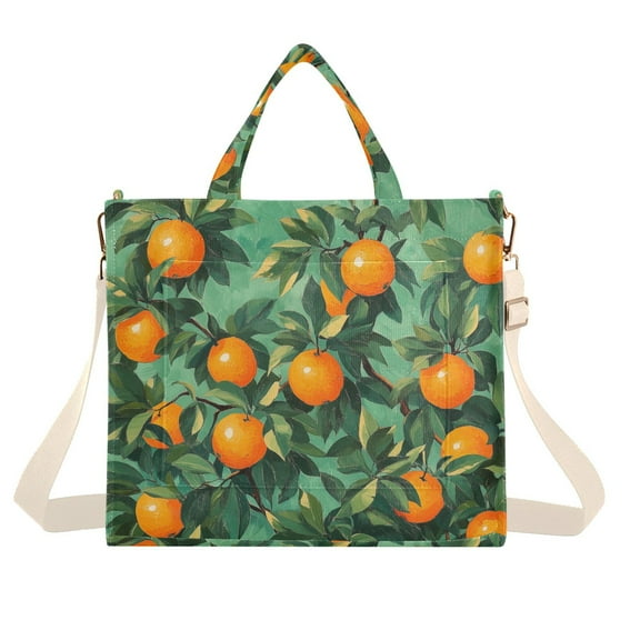 FORMRS Womens Corduroy Tote Bag Crossbody Shoulder Handbag with Pocket, Orange Tree Pattern
