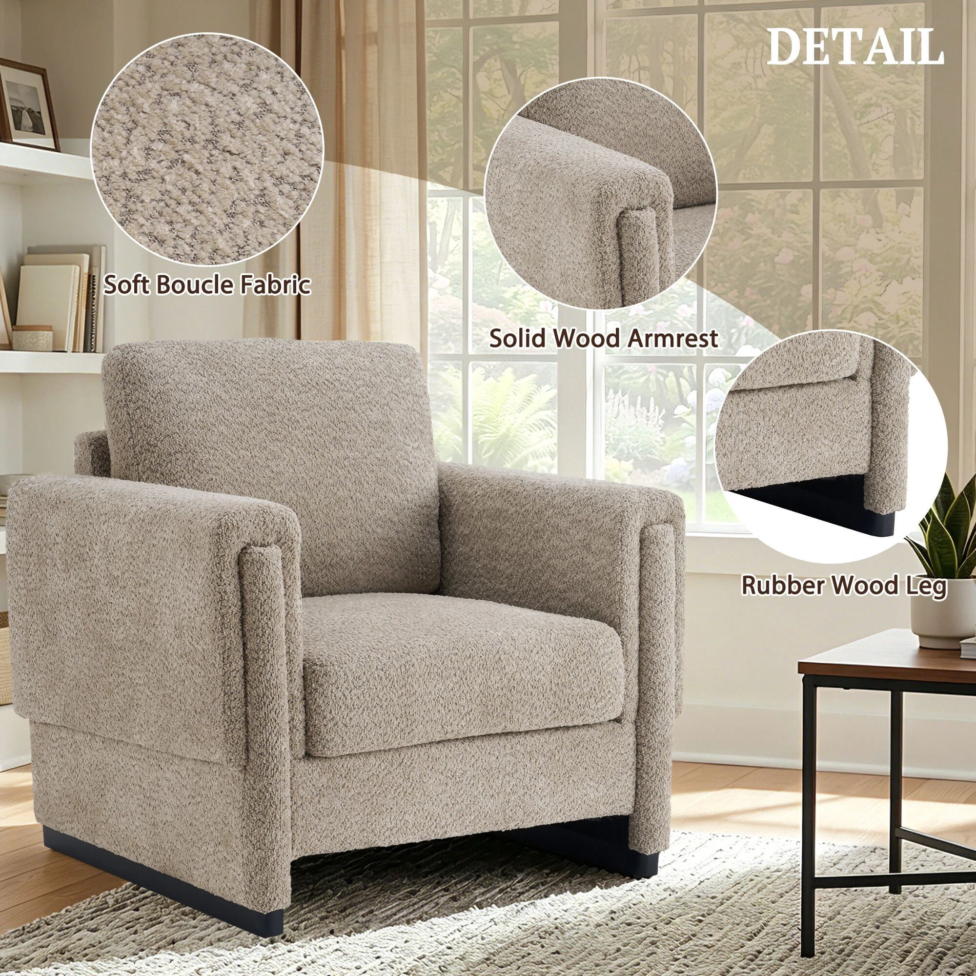 Euroco Modern Upholstered Accent Chair with Armrests, Boucle Fabric Armchair Comfy Reading Chair with Solid Wood Legs & Thick Cushion, Square Arm Club Chair for Living Room Bedroom Office,Brown